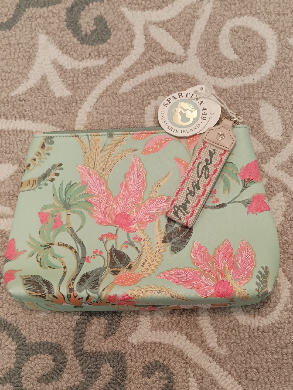 Spartina 449 Mint Floral Wristlet Clutch with Pink Floral Design